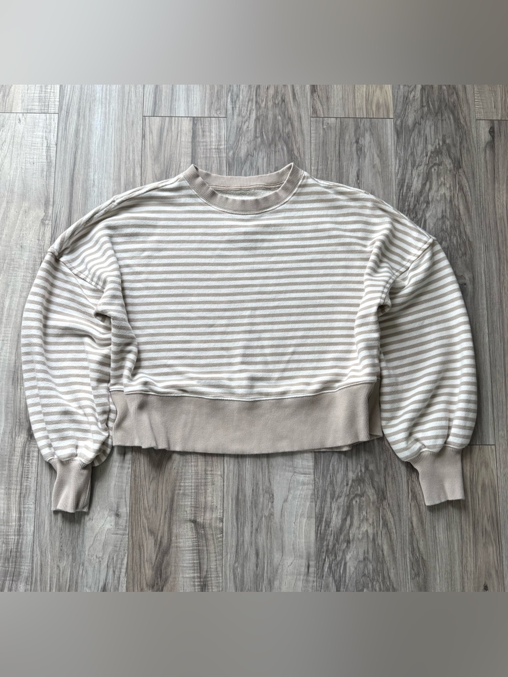 aerie Taupe and White Striped Cropped Classic Crew Sweatshirt - Picture 2 of 9